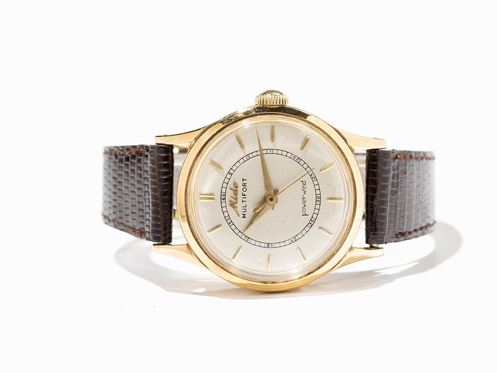 Mido Multifort Powerwind Wristwatch, Around 1960: Mido Multifort Powerwind wristwatch Switzerland, around 1960 Automatic movement, calibre 0917 P; 17 jewels, hour, minute, second Silver dial, gold hands Watch case and folding clasp of 18K gold Brown