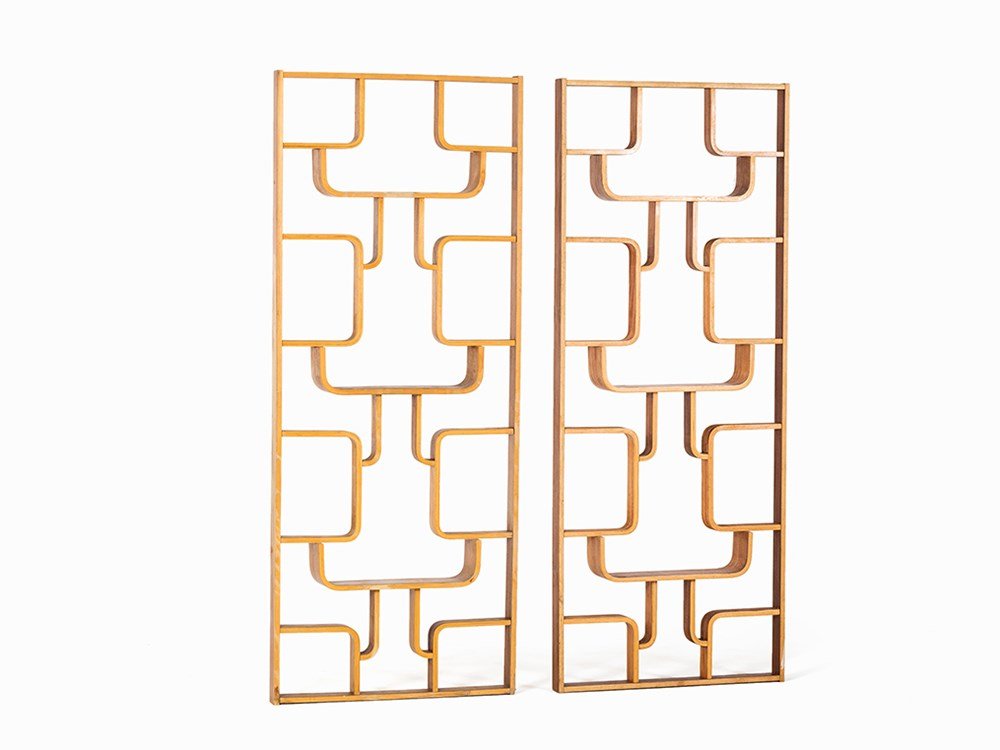 Drevopodnik Holesav, Pair of Room Dividers, 1950s: Plywood Czechoslovakia, 1950 Manufacturer: Drevopodnik Holesav - Czech manufacturer of furniture Dimensions: 225 cm, 90 x 16 cm Good condition Decorative room dividers in high rectangular frame with g