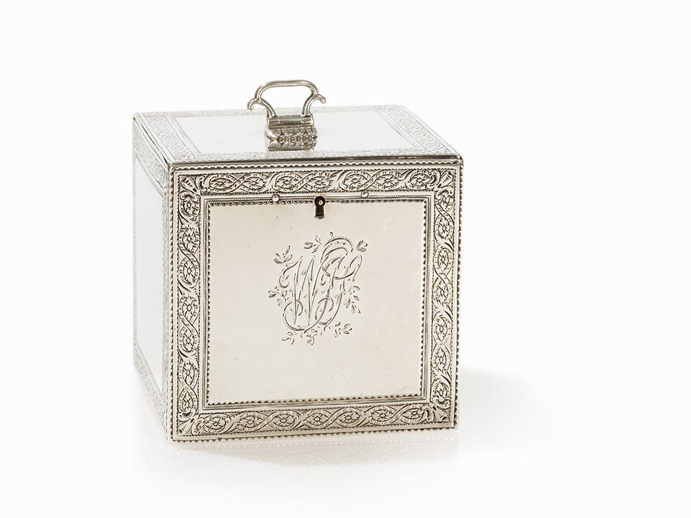 George III Silver Tea Caddy by Lewis Pantin, London,: Sterling silver, chased England, 1773 Silver and goldsmith Lewis Pantin II, London Maker's mark ‘LP’ for Lewis Pantin II, sterling standard mark, London town mark, date letter ‘S’ (1773) Simpl