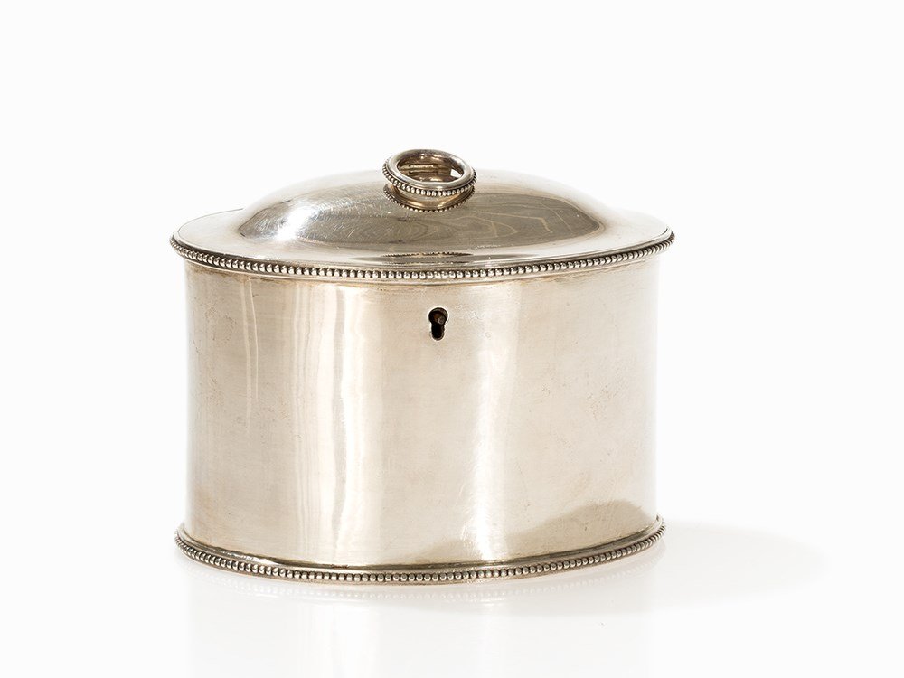 George III Silver Tea Caddy by Fogelberg & Gilbert,: Sterling silver England, 1783 Workshop Fogelberg & Gilbert, London Maker's mark ‘AF / SG’ for the workshop of Andrew Fogelberg & Stephen Gilbert, sterling standard mark, London town mark, date let