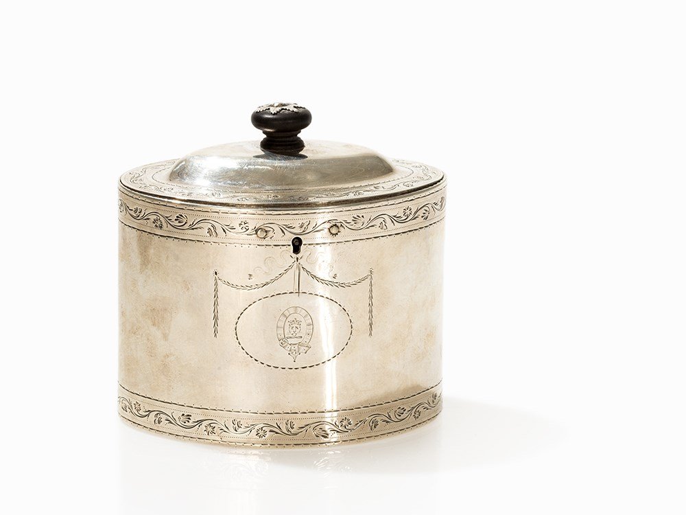 George III Silver Tea Caddy by Aldridge & Green,: Sterling silver, ebony England, 1782 Workshop of Charles Aldridge & Henry Green, London Maker's mark of the workshop of Charles Aldridge & Henry Green, London town mark, sterling standard mark, date l