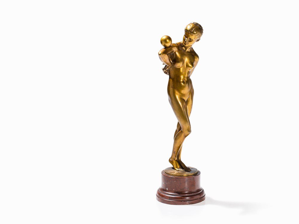 Sandor Jaray, Bronze Female Nude with Ball, Germany, c.: Bronze, gold-colored patina Gladenbeck, Berlin, 1910 Sandor Jaray (1870-1916) – Austrian artist and decorator Signed on the plinth ‘Sandor Jaray fec.’, on the side with foundry signature ‘AKTI