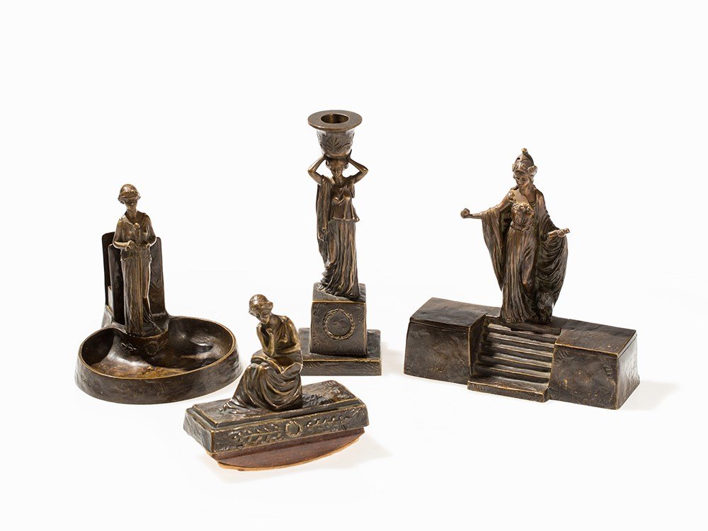Peter Tereszczuk, Figural Bronze Desk Set, circa 1910: Bronze with brown patina; cast, wrought and engraved Austria, circa 1910 Peter Tereszczuk (1875-1963) - Austrian sculptor Four-piece desk set consisting of candle holder, inkstand, blotter, ash tray w