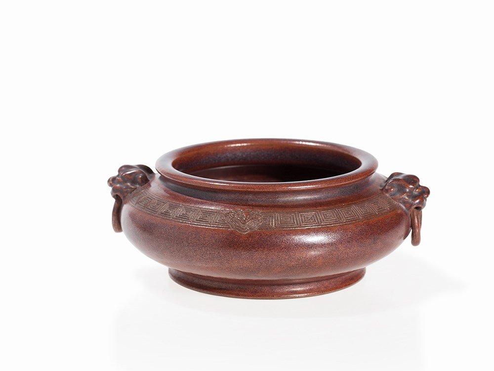 Red-Brown Glazed Brush Washer with 2 Handles,: Porcelain with reddish- brown iridescent glaze China, Qing /Republic period Base with six character Qianlong mark Over all with speckled silvery dust-glaze Bulbous shape with thickened mouth-rim On th