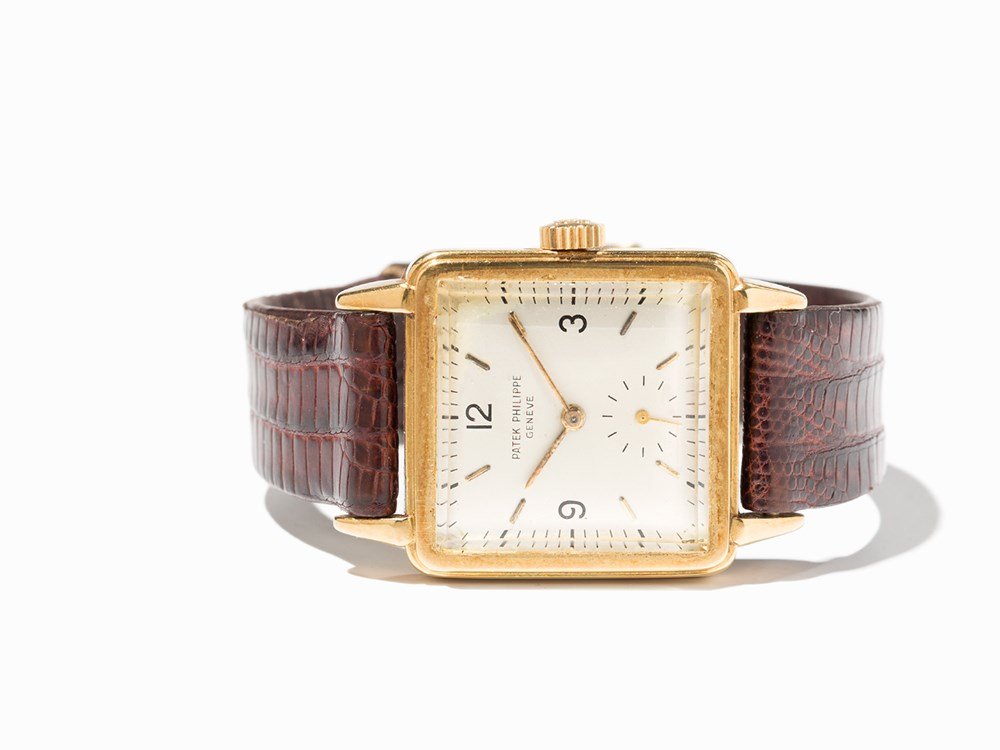 Patek Philippe Wristwatch, Ref. 2422, Switzerland, 1952: Patek Philippe wristwatch, ref. 2422 Switzerland, 1952 Manual wind movement, calibre 10-200; hour, minute, subsidiary second Silver dial, gold hands Watch case of 18K gold Brown leather strap with pin