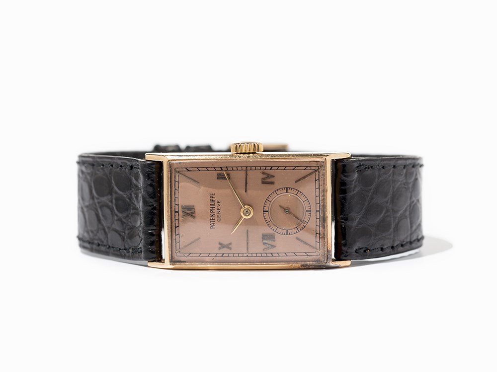 Patek Philippe, Vintage Wristwatch, Switzerland, Around: Patek Philippe, vintage wristwatch Switzerland, around 1936 Patek Philippe rectangular manual wind movement, 18 jewels, hour, minute, subsidiary second Copper colored dial, gold hands Watch case and o