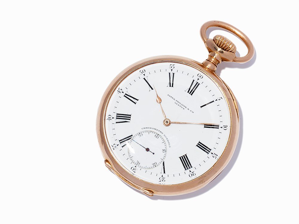 Patek Philippe Gondolo Pocket Watch, Switzerland,: Patek Philippe Gondolo pocket watch Switzerland, around 1905 Crown wound movement, hour, minute, subsidiary second White enamel dial, gold and blued hands Watch case of 18K rose gold Watch case no. 25