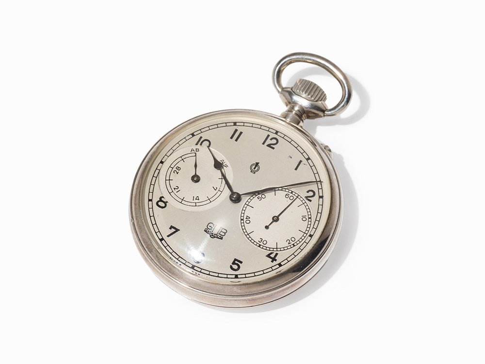 GUB Glashütte B-Watch Silver Pocket Watch, Germany,: GUB Glashütte B-watch silver pocket watch Germany, around 1945 Crown wound movement, calibre 8367; hour, minute, small second, power reserve Gold dial, black hands Watch case of 900 silver Watch case