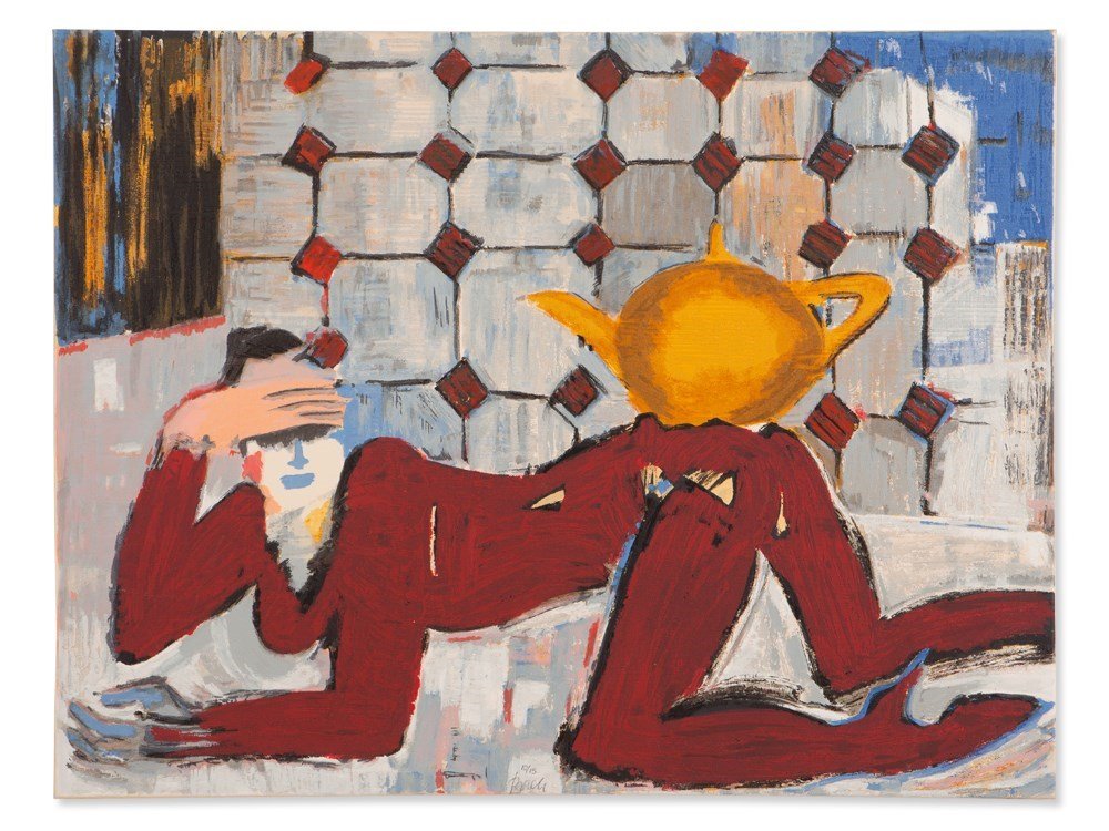 Elvira Bach (b. 1951), Terragraph, Teapot, Germany,: Terragraph on canvas Germany, 2002 Elvira Bach (born 1951) – German Painter Signed in the lower center with ‘Bach’ Numbered in the lower middle with ‘10/15’ Sheet dimensions: 90 x 117 cm Ver