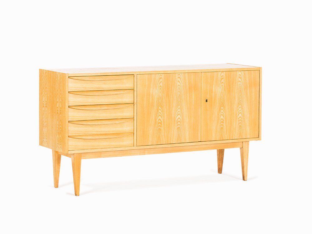 VEB Deutsche Werkstätten Hellerau, Sideboard, GDR,: Sen ash, ash, solid and veneer GDR, 1956/57 Design: Franz Ehrlich (1907-1984) – German architect and designer Completion: VEB Deutsche Werkstätten Hellerau, presumably 1960 Rear with manufacturer��