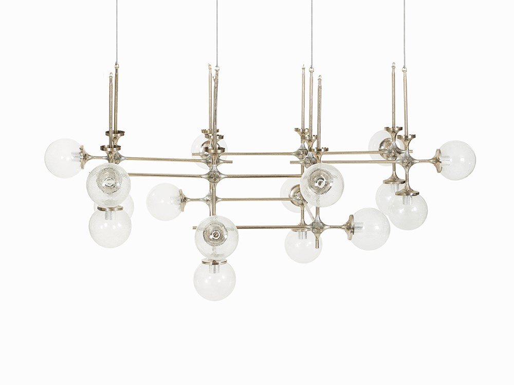 Peter Rockel, Module Lamp, Palace of the Republic,: Aluminum, glass GDR, 1970s Designer: Peter Rockel – German design Manufacturer: Kombinat Leuchtenbau From the Berlin Palace of the Republic Modular system 16-light fixture Height: 100 cm, 300 x 200