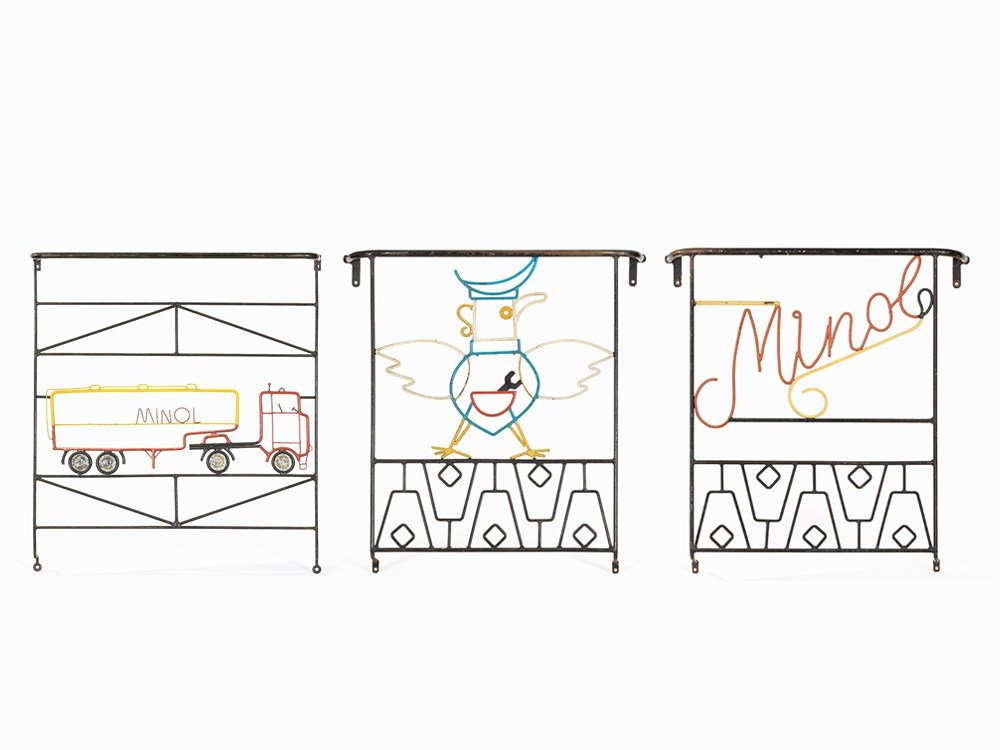 Minol, Three Grilles with Logo & Mascot, GDR, 1970s: Wrought iron, painted GDR, 1970s Minol – German manufacturer of mineral oil 3 grilles with Minol fuel tanker, Minol-Pirol and logo Dimensions: 96 x 91 x 13 cm (Pirol, logo); 109 x 96.5 x 19 cm (fuel