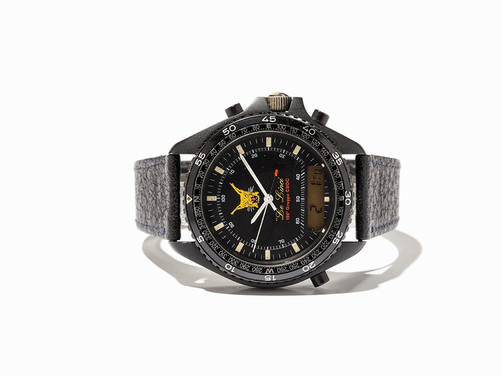 Breitling Le Linci, Switzerland, Around 1990: Breitling Le Linci chronograph Switzerland, around 1990 Quartz movement; hour, minute, second, digital display, chronograph Black dial, white hands Watch case of stainless steel Black leather strap wi