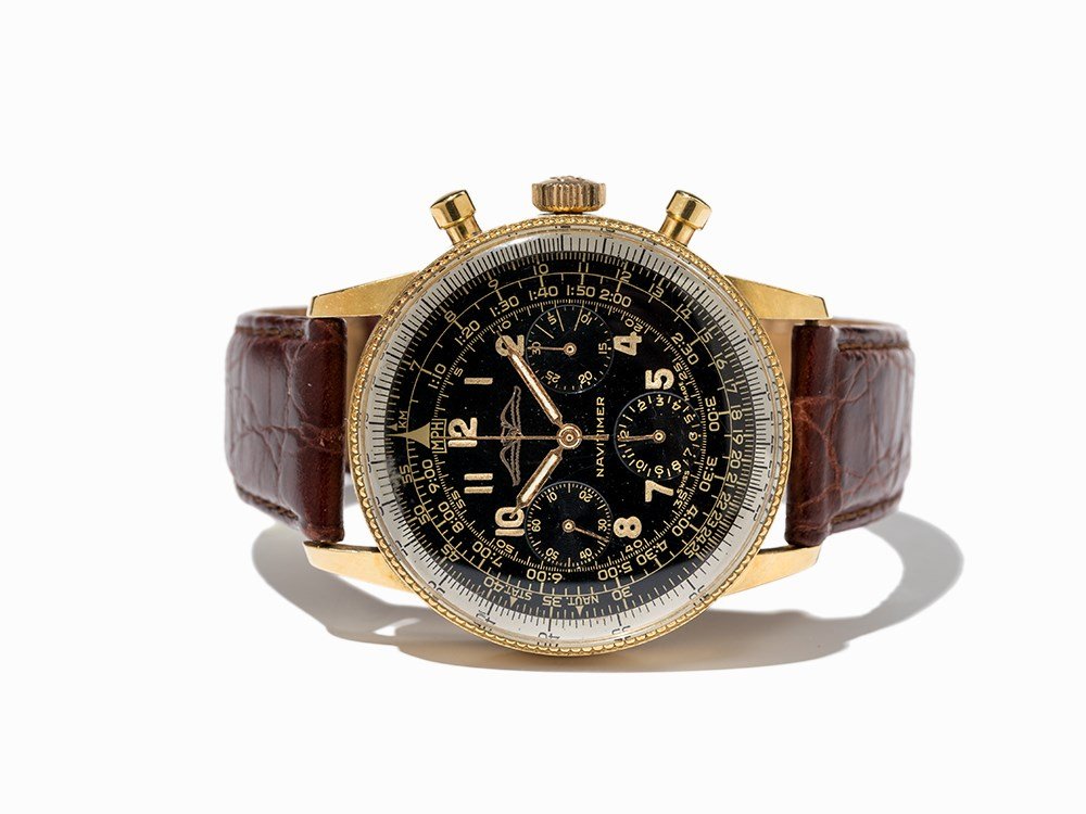 Breitling Chronograph, Ref. 806, Switzerland, Around: Breitling chronograph, ref. 806 Switzerland, around 1970 Manual wind movement, hour, minute, second, chronograph Black dial, gold hands Watch case of 18K gold Brown leather strap with pin buckle Watch