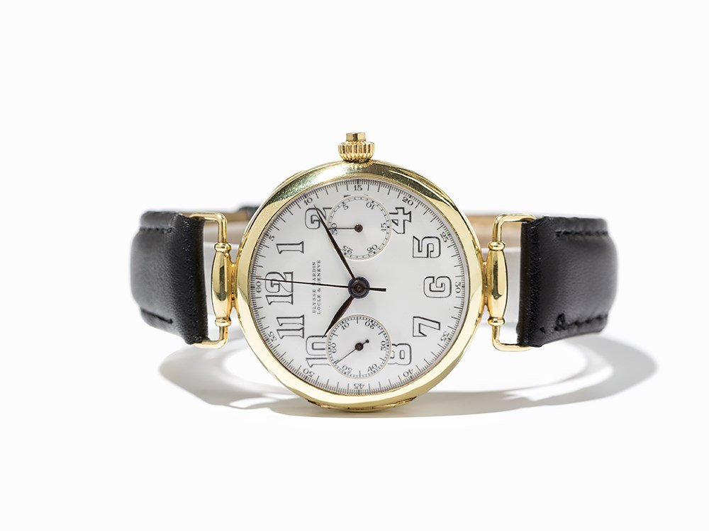 Early Ulysse Nardin Chronograph, Switzerland, Around: Early Ulysse Nardin chronograph Switzerland, around 1935 Manual wind movement, hour, minute, second, single button chronograph White enamel dial, black hands Watch case of 18K gold Black leather strap