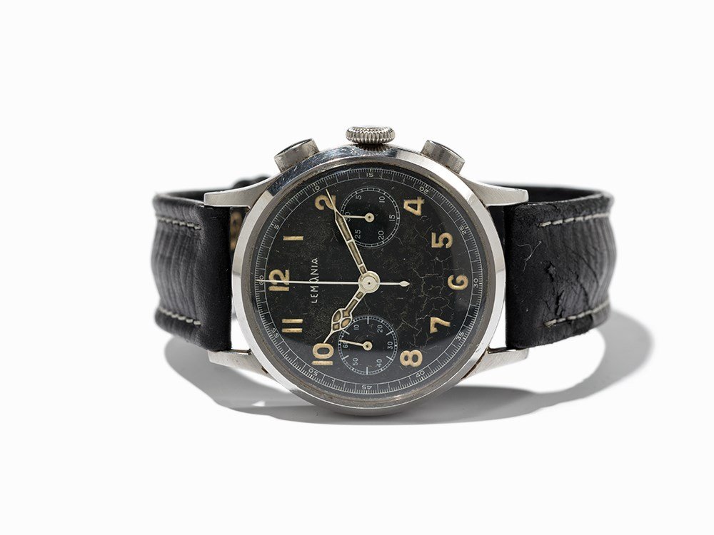 Lemania Vintage Chronograph, Switzerland, Around 1950: Lemania vintage chronograph Switzerland, around 1950 Manual wind movement, calibre Lemania CH 27; hour, minute, second, chronograph Black dial, white hands Watch case of stainless steel Black leather