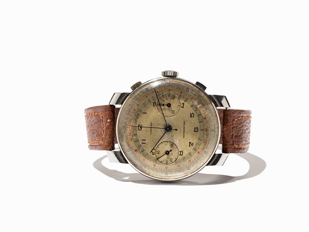 LeBois & Co Vintage Chronograph, Switzerland, Around: LeBois & Co vintage chronograph Switzerland, around 1935 Manual wind movement, hour, minute, second, chronograph Gold dial, blued hands Watch case of stainless steel Brown leather strap with pin buckl