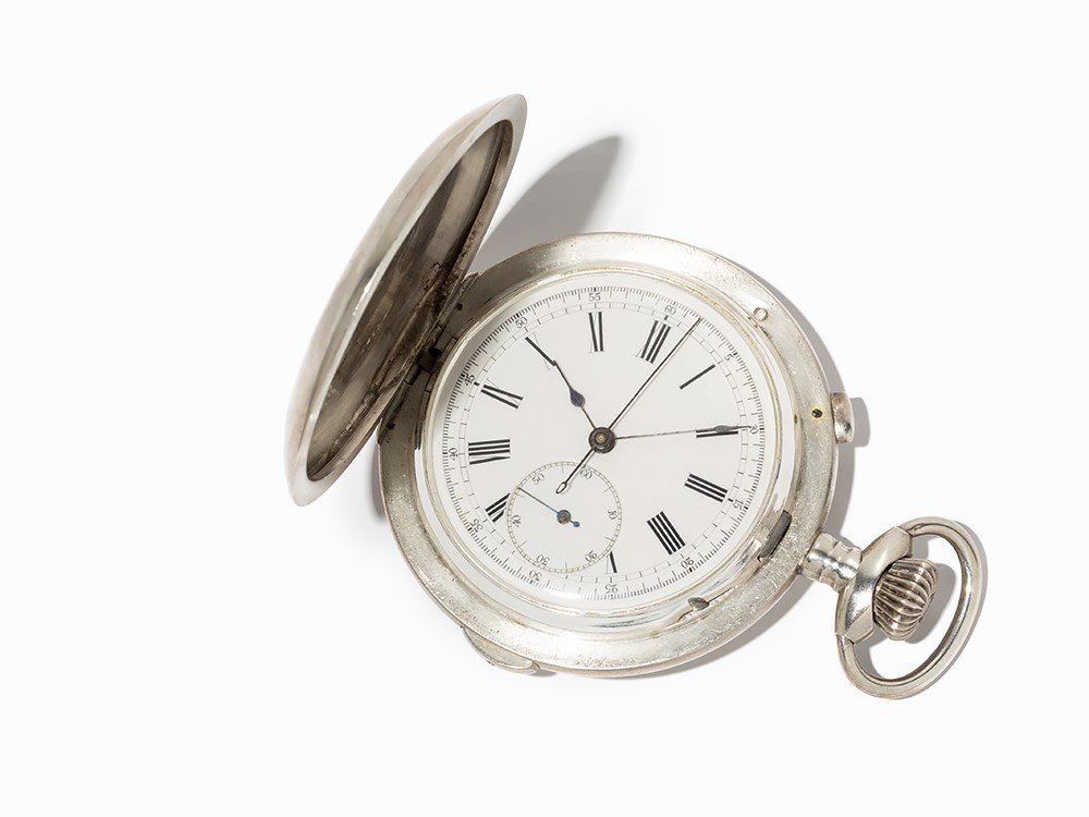 Jacques Silver Chronograph Pocket Watch, Around 1910: Jacques silver chronograph pocket watch with minute repetition Switzerland, around 1910 Crown wound movement, 17 jewels, hour, minute, small second, chronograph, minute repetition White enamel dial, b