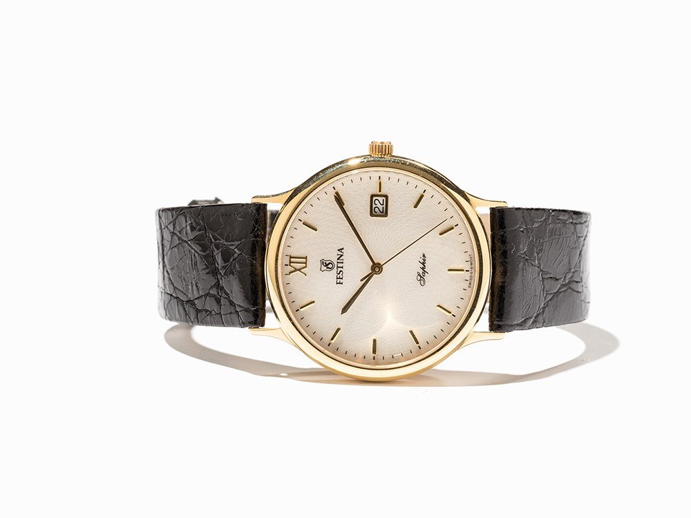 Festina Sapphire, Ref. 26604, Switzerland, Around 2005: Festina sapphire, ref. 26604 Switzerland, around 2005 Quartz movement, hour, minute, second, date Silver, guilloche dial, gold hands Watch case of 18K gold Original, black leather strap with original