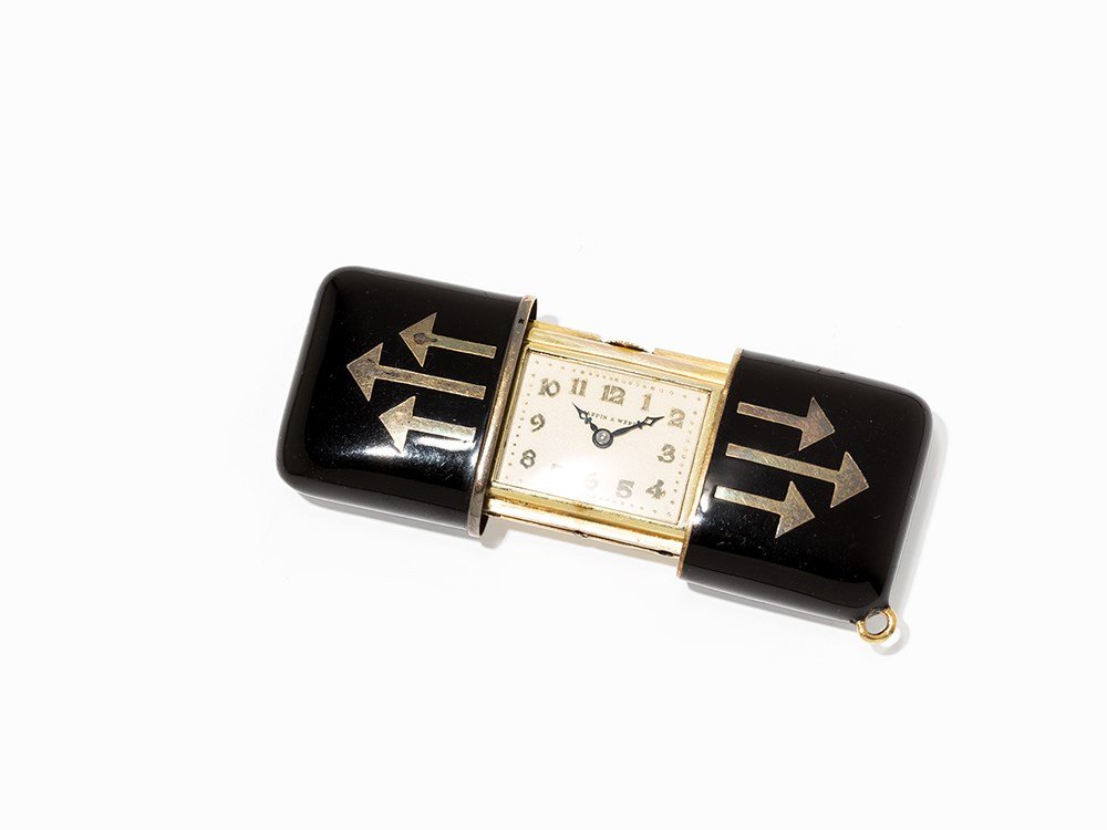 Movado Travel Watch, Switzerland, Around 1960: Movado travel watch, dial signed Mappen & Webb Switzerland, around 1960 Manual wind movement, Movado calibre; hour, minute Beige dial, blued hands Watch case of gold plated silver Watch case no. 02072