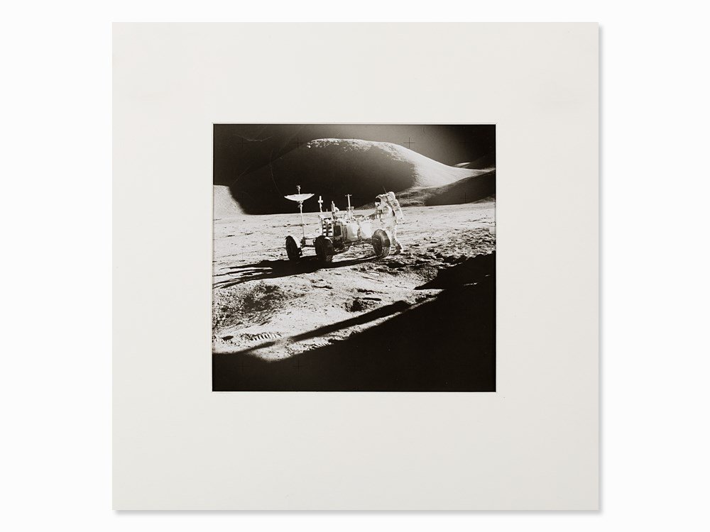 NASA Photograph of the Apollo 15 Mission to the Moon,: Gelatin silver print, mounted under mat On the moon, 1971 Photograph taken by David Scott (b. 1932) – US-American astronaut and seventh man to walk on the moon Numbered ‘NASA, AS15-86-11602’ on