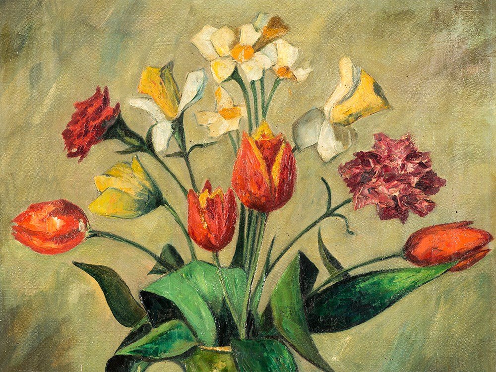 Karl Bärenfänger (1888-?), Painting, ‘Red Tulips’,: Oil on canvas Germany, around 1930 Karl Bärenfänger (1888-?) – German painter Signed lower right ‘K. Bärenfänger’ Inscribed on a label on the stretcher ‘K. Bärenfänger, Wellinghofen/W. �