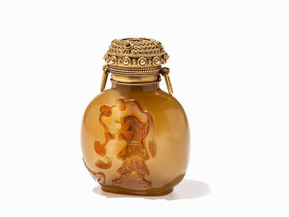 Cameo Agate Snuff Bottle with Liu-Hai and his Toad,: Agate, honey yellow and caramel color China, 19th century Rectangular shape with rounded corners Very well and wide hollowed body Slightly recessed base with a flat foot rim Ingeniously carved relief,