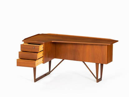 Peter Løvig Nielsen, Writing Desk, Denmark, 1950s: Teak wood, massive and veneered, polished glass Denmark, 1950s Design: Peter Løvig Nielsen – Danish 20th century designer Executed by Hedensted Møbelfabrik, Denmark Dimensions: 73 x 150 x 89 cm Ve