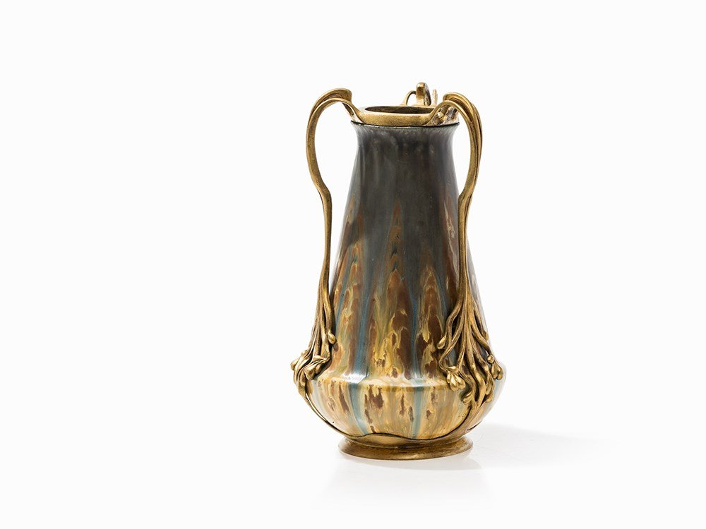 Zsolnay & Orivit, Vase with Floral Mounting, Hungary,: Porcelain, multicolor glazing, tin, gilded Hungary, around 1905 Zsolnay (founded in 1853) – Hungarian ceramics manufacturer Mountings by Orivit, Cologne (1898-1926) – German metal ware producer Un