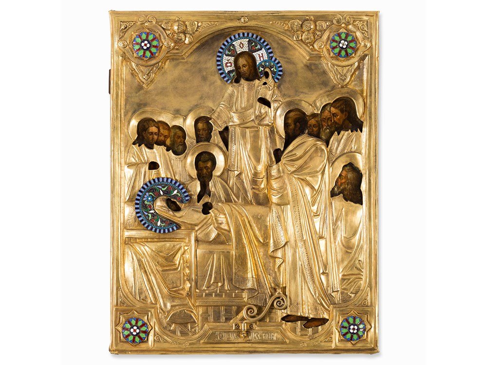 Large Icon, Dormition of Mary, Gilt Oklad, Russia, 19th: Wood with polychrome paint, gilt brass oklad, cloisonné enamel Russia, 19th century Representation of the Dormition of Mary Gilt sculptured brass oklad with rich chasing in the garments Ornamented co