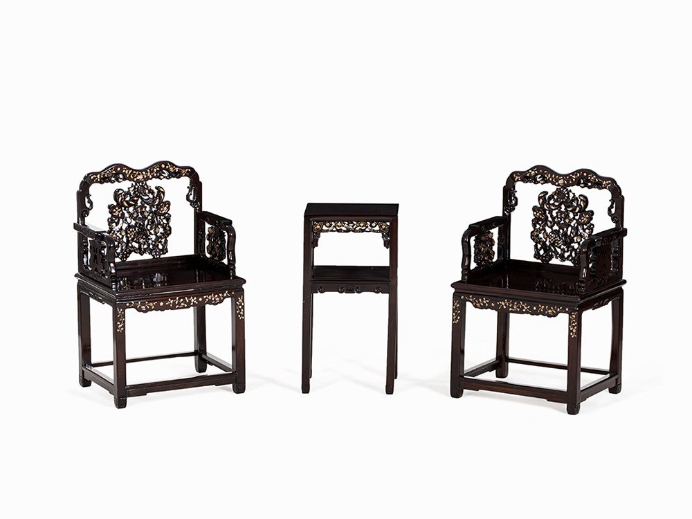 Zitan “Mother-of-Pearl” Furniture Set, 19th Century: Zitan, mother of pearl, silver China, 19th century Included are two chairs and a tea table Rectangular table with square legs and curved aprons Chairs with richly decorated back splat, therein figures
