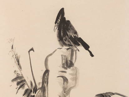 NIU Shihui (1625-1672), Raven and Bamboo, Woodcut, 20th: Woodcut on paper Mounted as a scroll painting in a silk brocade frame with wooden handles China, 20th century NIU Shihui (1625-1672) – Chineses painter Depicted is a sitting raven on a scholar's roc
