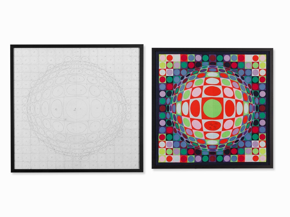 Victor Vasarely, 2 Parts, ‘Pulsar – Vega’, 1969: Pencil drawing on firm paper (two sheets taped together) and a serigraph in colors on China silk France, 1969 Victor Vasarely (1906-1997) - Hungarian-French artist, representative of the Op art The si
