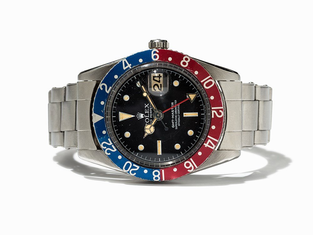 Rolex GMT Master Chronometer Ref. 6542, Switzerland: Rolex GMT Master chronometer, ref. 6542 Switzerland, around 1960 Automatic movement, calibre 1065; 25 jewels, hour, minute, second, date, 2nd time zone Black dial, silver hands Watch case, strap and f