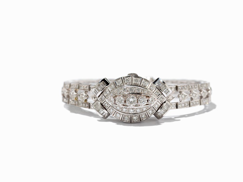 Magnificent Rolex Precision Jewelry Watch, Switzerland,: Magnificent Rolex Precision jewelry watch Switzerland, around 1950 Manual wind movement; hour, minute White dial, silver hands Watch case and strap of 950 platinum, set with ca. 9 ct. diamonds Watch c