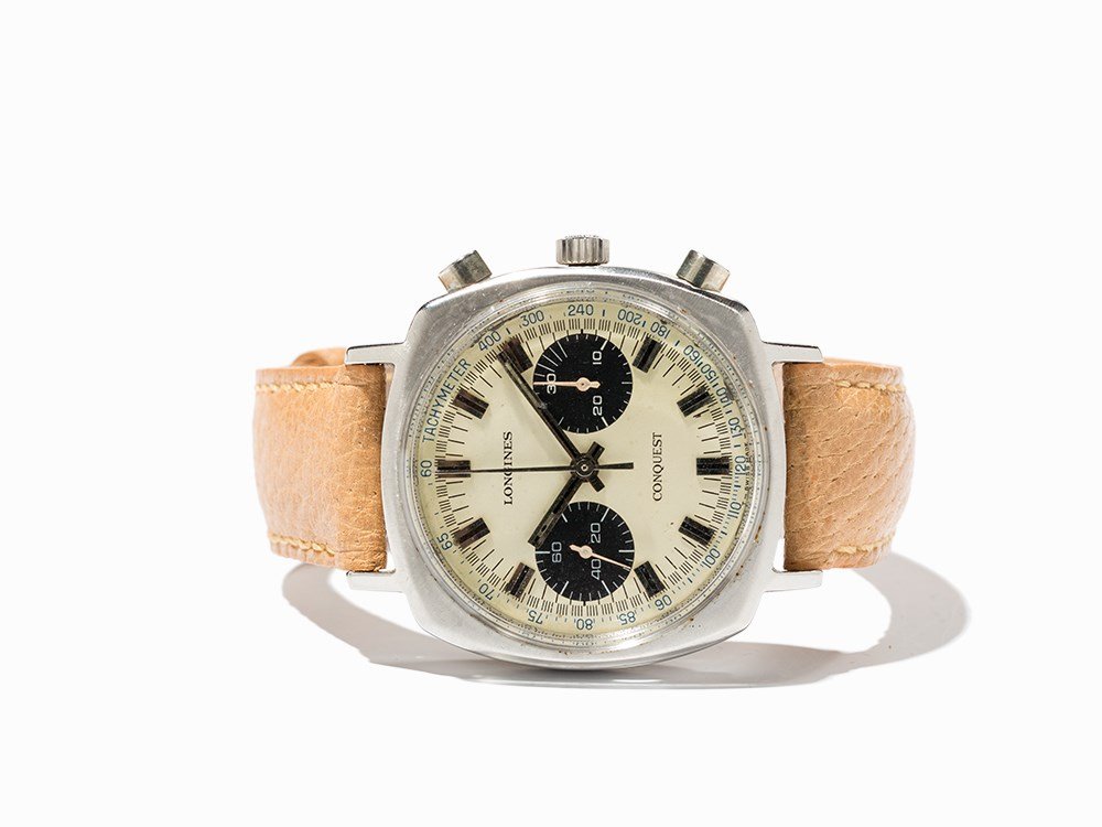 Longines Conquest Chronograph, Ref. 1543-1, Around 1965: Longines Conquest chronograph, ref. 1543-1 Switzerland, around 1965 Manual wind movement, calibre 530; 18 jewels, hour, minute, second, chronograph Beige dial, black sub-dials, silver hands Watch case