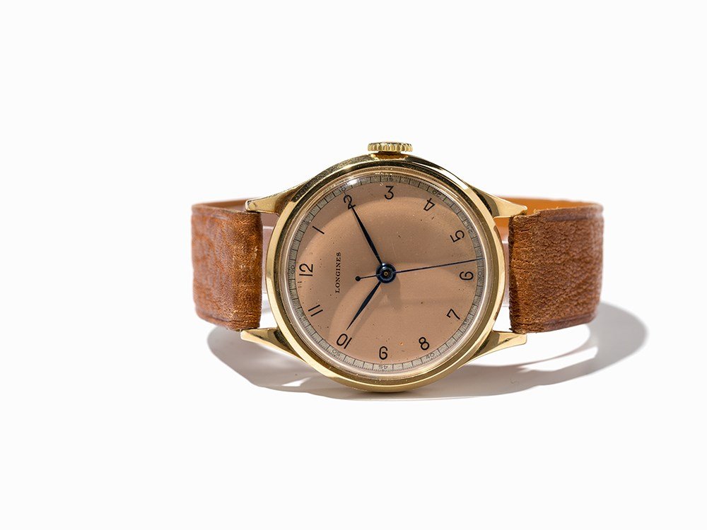 Longines Early Wristwatch, Switzerland, Around 1960: Rare Longines early wristwatch Switzerland, around 1960 Manual wind movement, calibre 12.68N; hour, minute, second Copper-colored dial, blued hands Watch case of 18K gold Brown leather strap with pin
