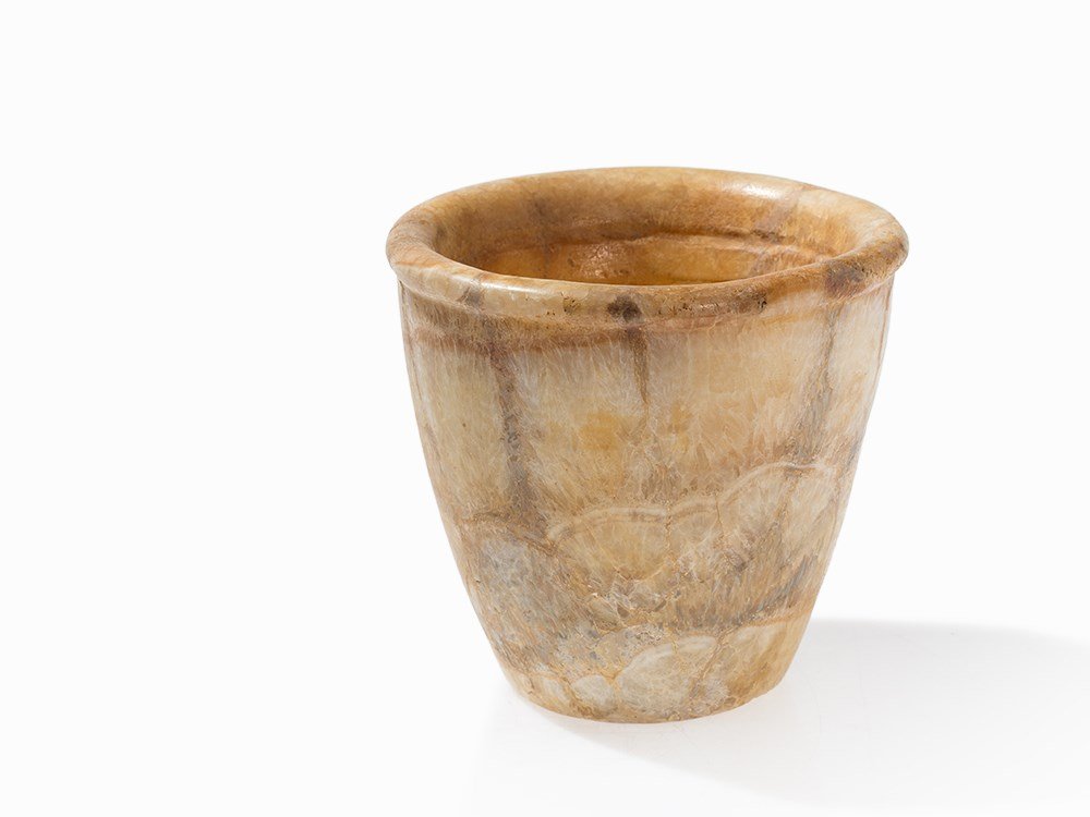 Conical Alabaster Vessel, Egypt, probably Old Kingdom: Alabaster Egypt, probably Old Kingdom (circa 2686-2125 BC) Conical form with thick wall Width mouth and slightly overhanging lip edge Height: 15 cm Very good condition Provenance: German private colle