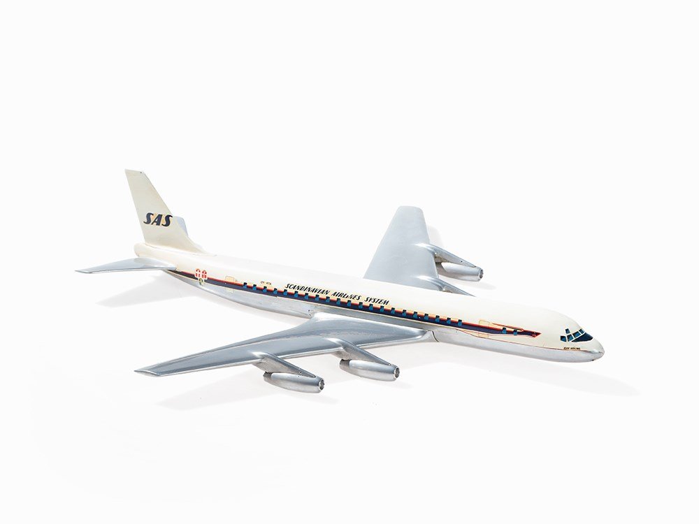 Aircraft Model Douglas DC-8-33, Scandinavian Airlines,: Metal, painted Denmark, 1960s With manufacturer's mark 'W. Osgaard & Co. Models Charlottenlund Denmark' Inscribed 'Dan Viking Scandinavian Airlines OY-KTA SAS First over the pole around the world' Wit