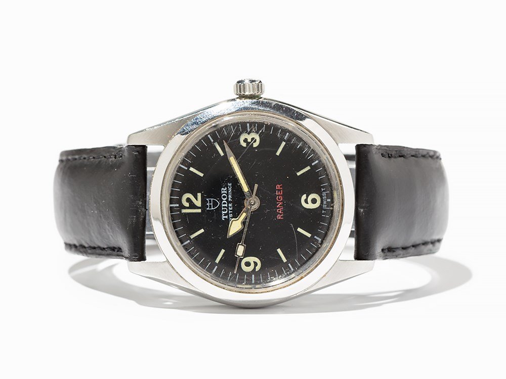 Tudor Oyster Prince Ranger, Ref. 9050, Switzerland,: Tudor Oyster Prince Ranger, ref. 9050 Switzerland, around 1975 Automatic movement, calibre 2452; 25 jewels, hour, minute, second Black dial, silver hands Watch case of stainless steel Black leather st