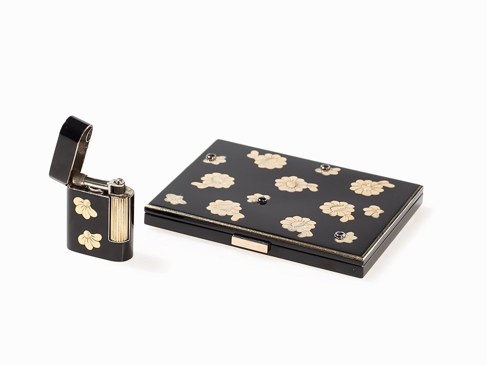 Van Cleef & Arpels, Cigarette Case with Lighter, c.: Silver, black enameled and gilded, sapphires France, circa 1930 Van Cleef & Arpels – French jeweler, founded in Paris in 1906 Case marked with ‘VAN CLEEF & ARPELS’, Minerva head and two other ha