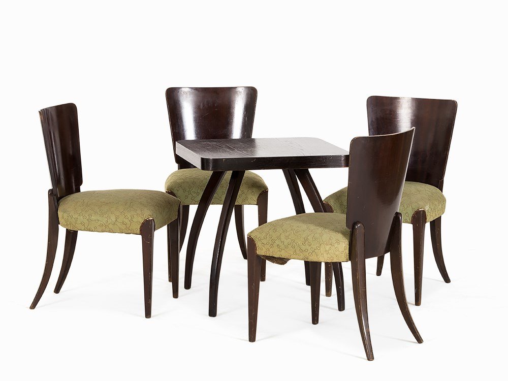 Jindrich Halabala, Four Chairs & Table, Czechoslovakia,: Beech, dark stained Czechoslovakia, c. 1935 Design: Jindrich Halabala (1903-1978) – Czech designer Manufacturer: Spojené UP Závody Chairs: model H214, table: model H259 Height: 83 cm, 46 x 50 cm G