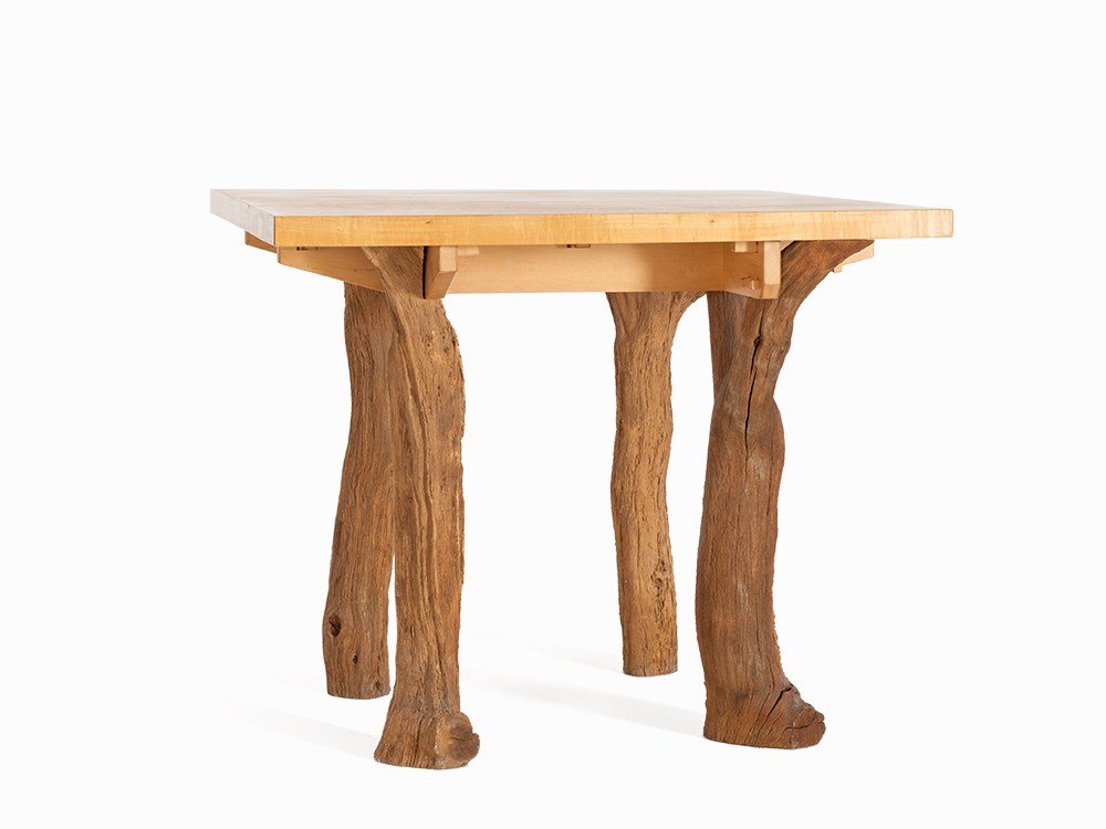 Adrian Swinstead, Dining Table, England, around 1995: Maple wood, laburnum stems England, 1995 Adrian Swinstead (born 1950) - English designer Interesting contrast between smooth maple wood top and untreated laburnum stems Height: 83 cm, 98 x 98 cm Very 
