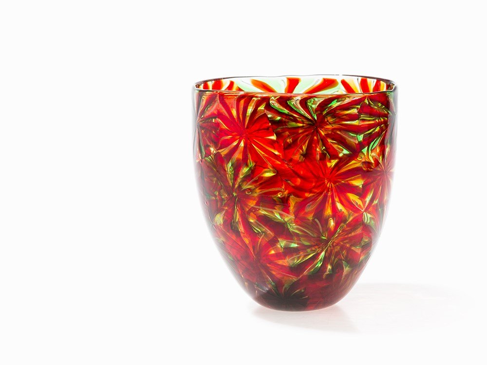 Vittorio Ferro, Vase with Stellato Murrinas, Italy, c.: Multicolor tinted glass Murano, Italy, c. 1996 Vittorio Ferro (born in 1932) – Italian glass artist Presumably made in the Vetreria Fratelli Pagnin, Murano Height: 21 cm Diameter: 19 cm In very good