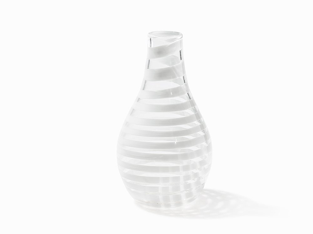 Carlo Scarpa, Vase ‘A Spirale’, Venini, Italy, c. 1937: Colorless glass, white-opaque glass Murano, Italy, 1936-38 Design: Carlo Scarpa (1906-1978) - Italian architect Manufacturer: Venini & C., Murano On the bottom etched mark ‘venini murano’ Height: 