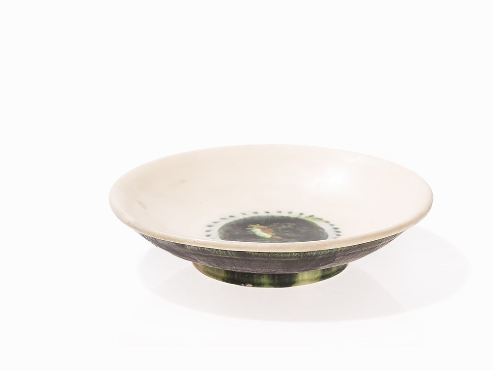 Jacques-Émile Ruhlmann & Jacques Lachenal, Bowl, around: White sherd, with multicolor glazing France, around 1925 Design: Jacques-Émile Ruhlmann (1979-1933) & Jean-Jacques Lachenal – French interior and furniture designers and ceramics artists Bottom sig