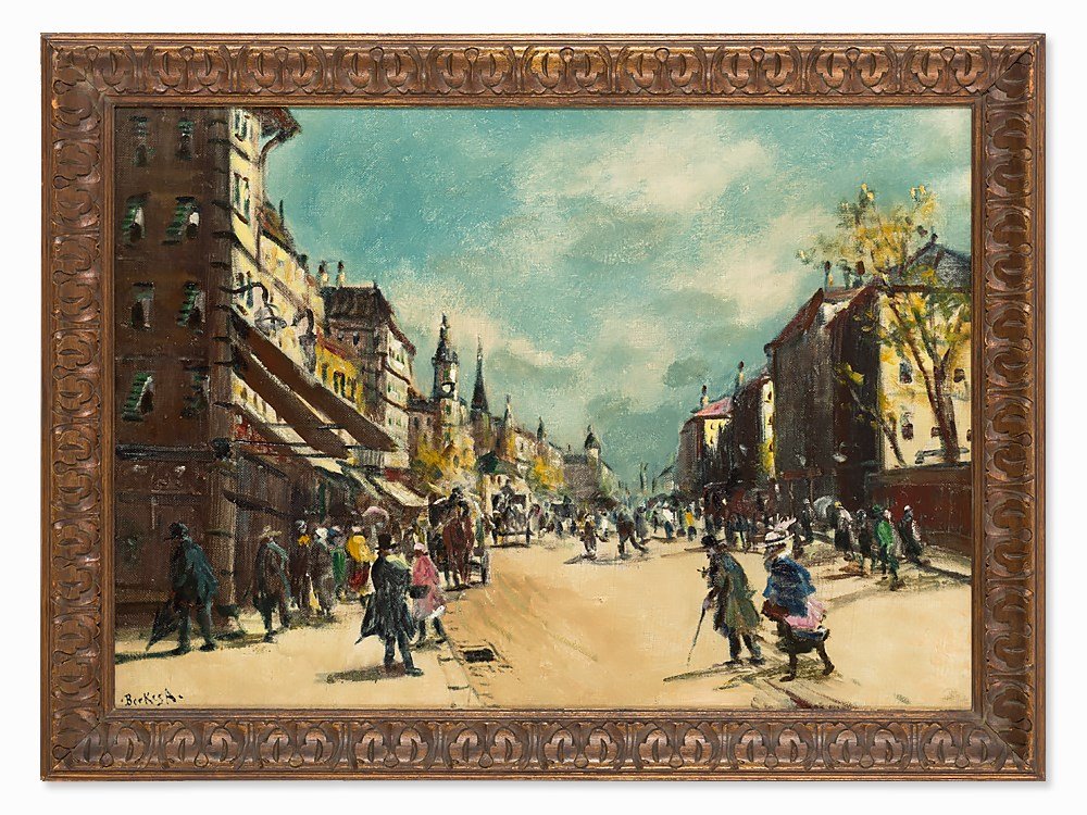 Antal Berkes, Oil Painting, Street Scene in Autumn, c.: Oil on rough canvas France, c. 1910 Antal Berkes (1874-1938) - Hungarian painter, also active in Paris and Vienna Signed lower left ‘A. Berkes’ Dimensions framed: 75 x 89 cm Good Condition Typical