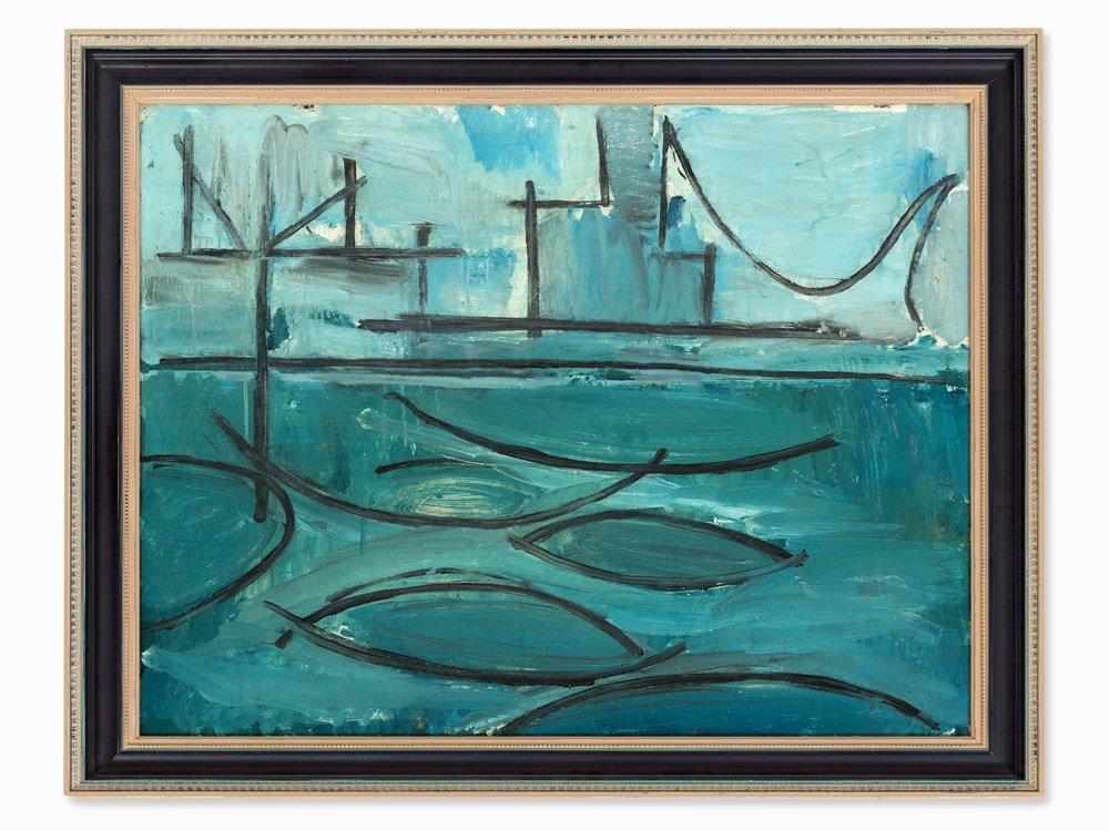 Heiner Malkowsky (1920-1988), Painting, Hudson Bay with: Oil on artist’s board Germany/USA, circa 1950 Heiner Malkowsky (1920-1988) – German Painter Signed ‘Malkowsky’ on the verso Broad gallery frame Overall dimensions, framed: 94 x 98.5 cm Very go