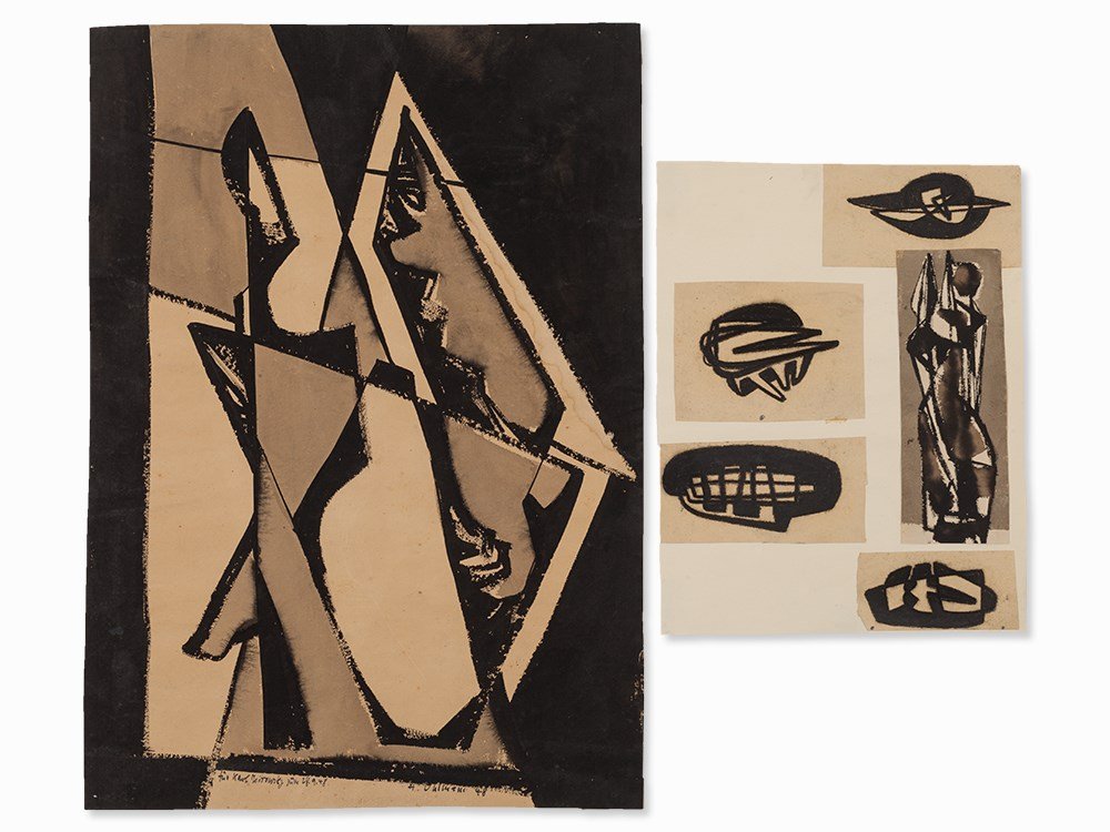 Hans Uhlmann (1900-1975), Drawings of Various Designs,: Watercolor and charcoal on watercolor laid paper and firm paper, partly mounted on a support Germany, 1948-50s Hans Uhlmann (1900-1975) - German sculptor and graphic artist Collection of a two-sided w