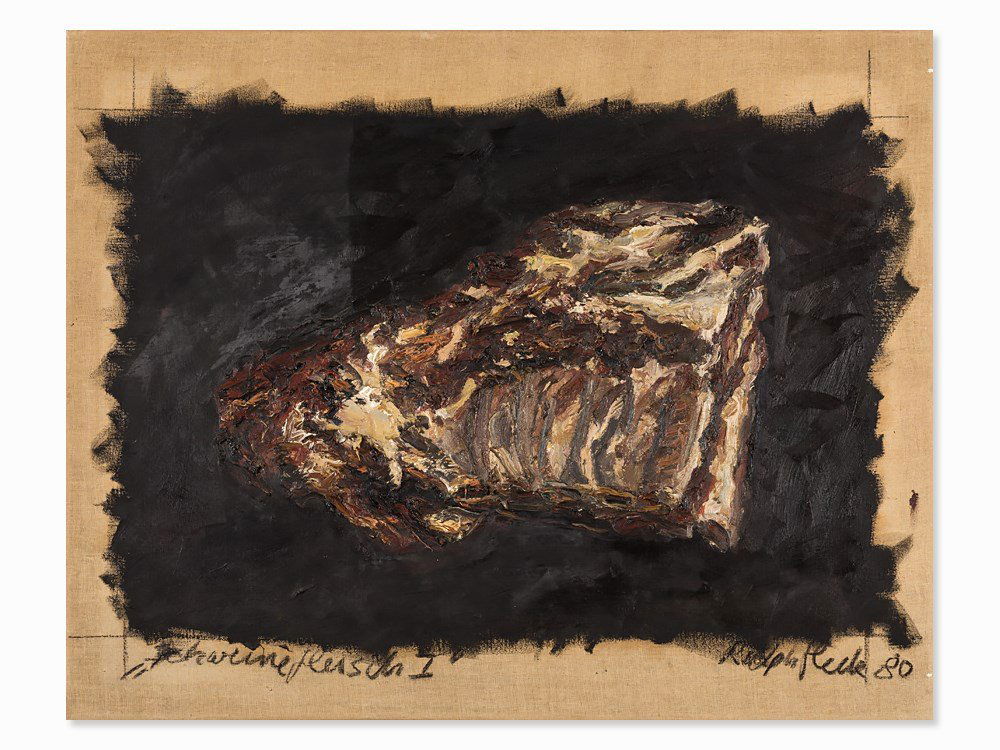 Ralph Fleck, Oil on Canvas, ‘Schweinefleisch I’, 1980: Oil on canvas Germany, 1980 Ralph Fleck (born 1951) - German Painter Signed and dated lower right ‘Ralph Fleck 80’ Titled lower left ‘Schweinefleisch I’ Dimensions: 80 x 100 cm Very good condi